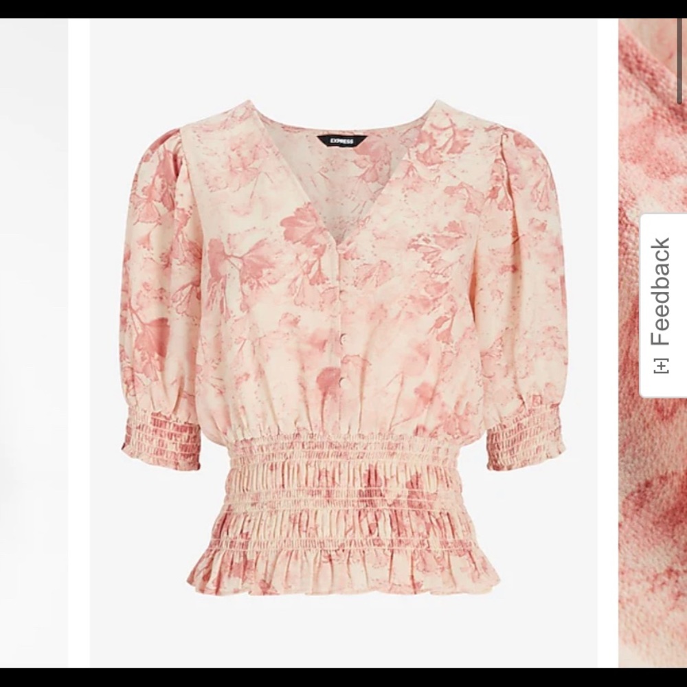 Watercolor V-Neck Button Front Smocked Waist Top